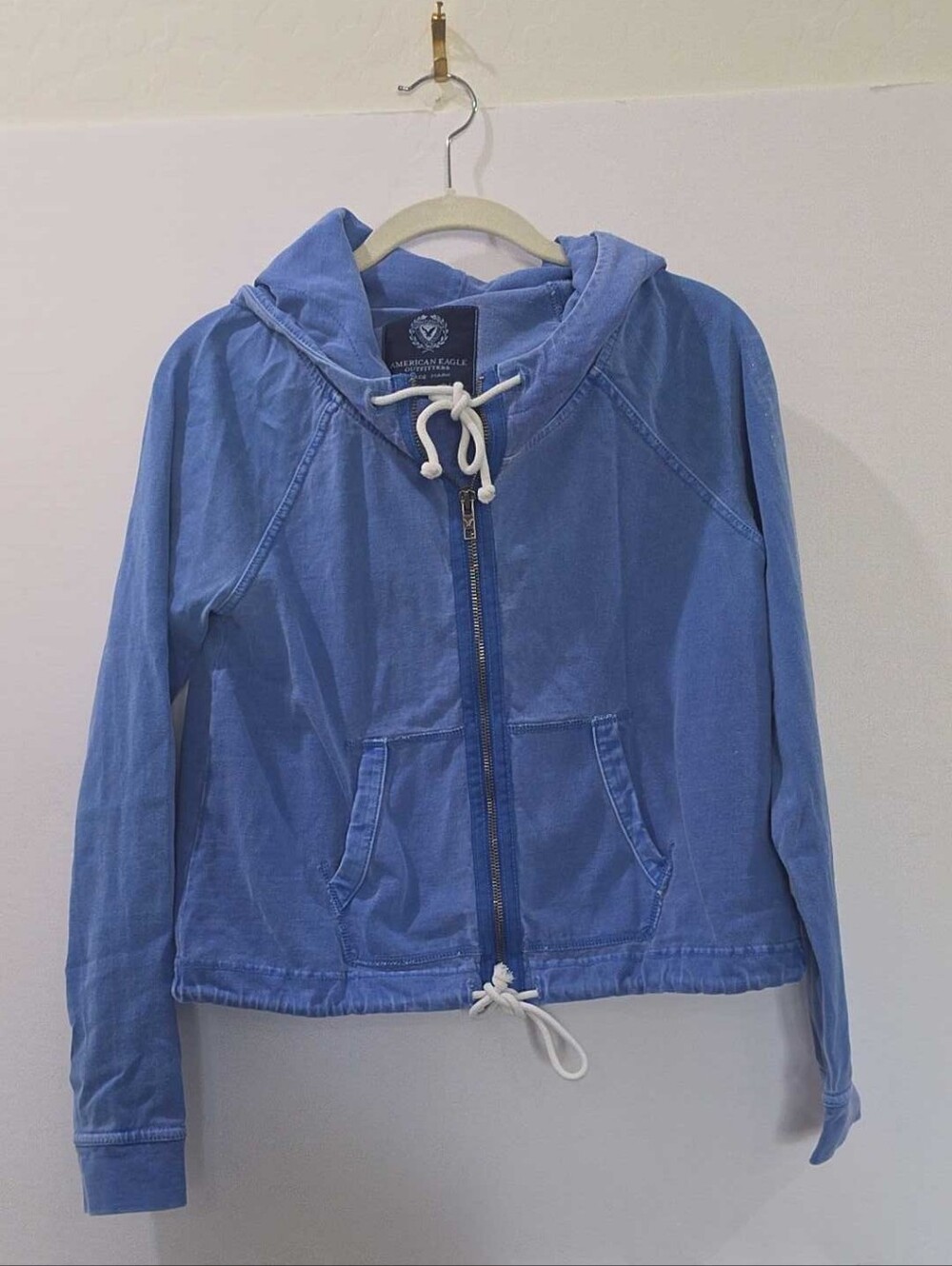 American Eagle Outfitters Women’s Small Blue Full Zip Hoodie Distressed Logo
